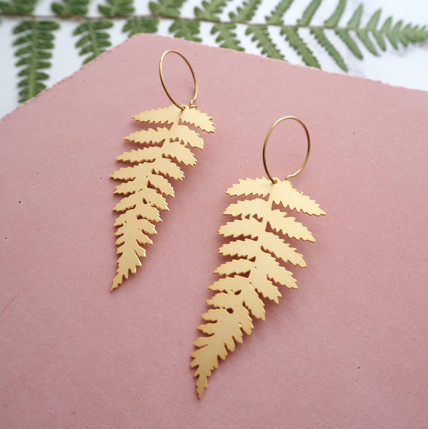 Gold Fern Hoop Earrings by Mica Peet