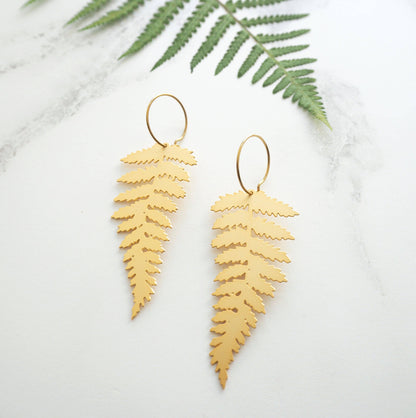 Gold Fern Hoop Earrings by Mica Peet