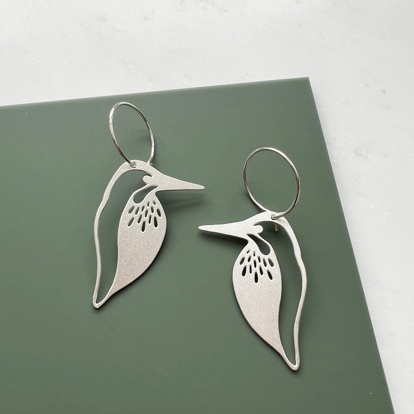 Silver Kingfisher Hoop Earrings by Mica Peet