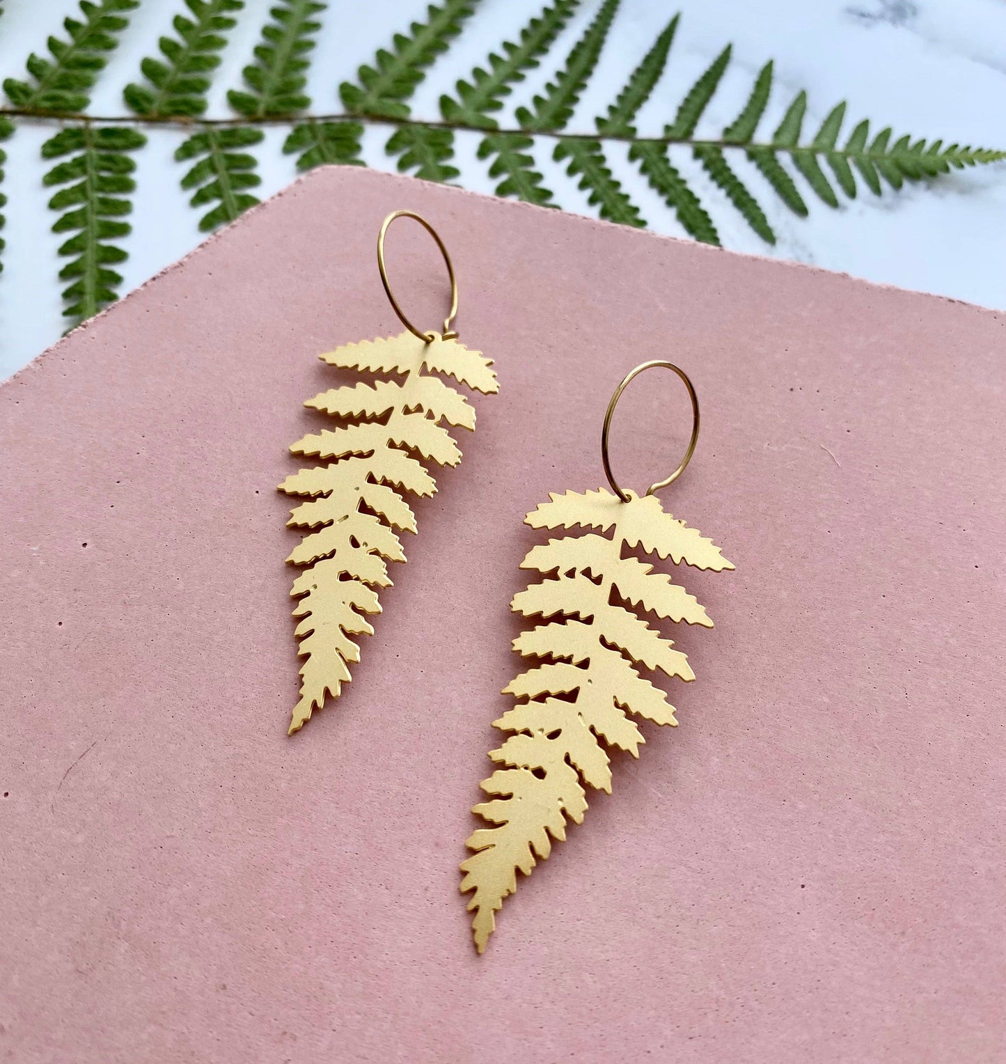 Gold Fern Hoop Earrings by Mica Peet