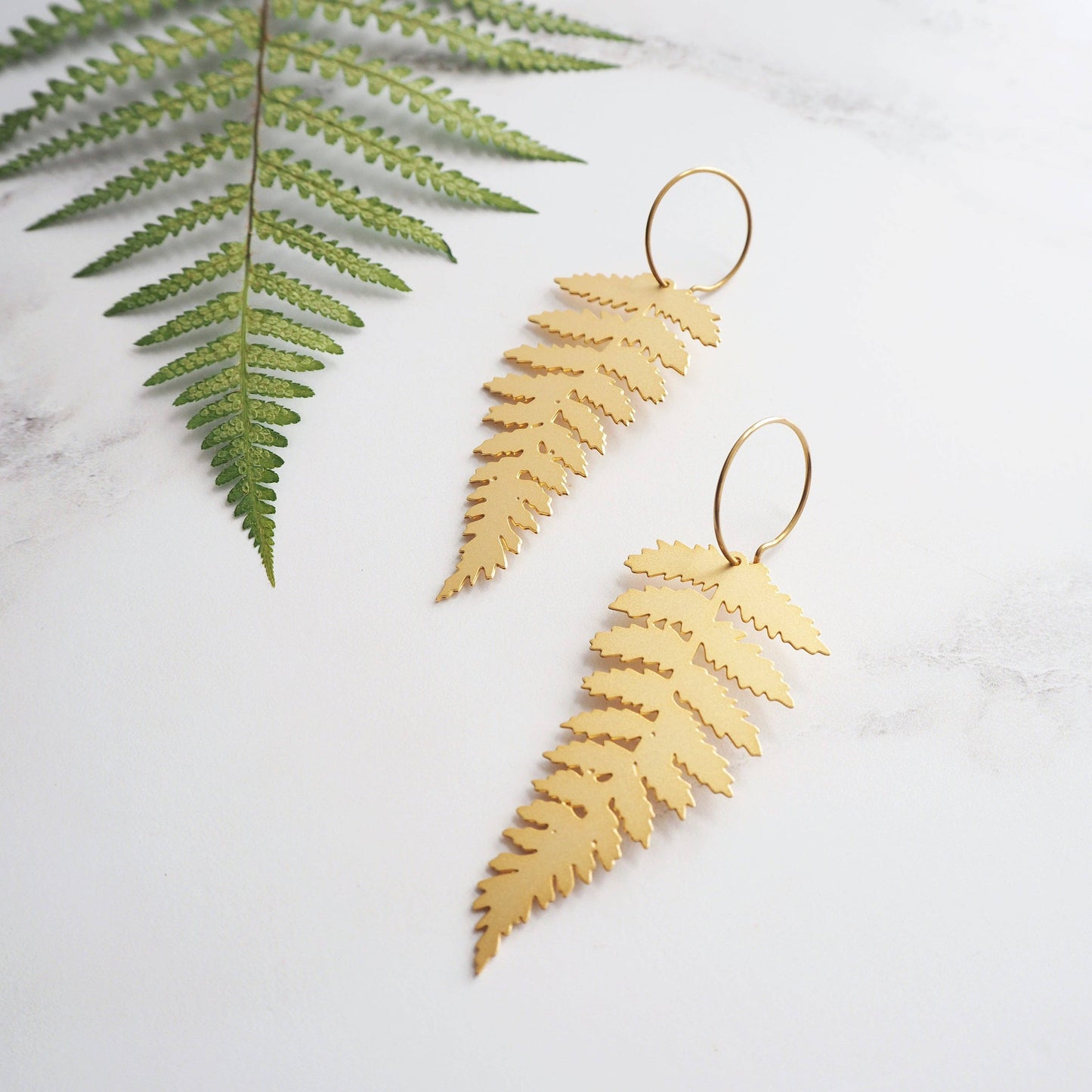 Gold Fern Hoop Earrings by Mica Peet
